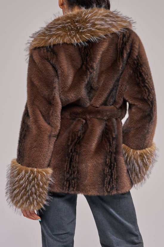 EVARA-CHOCOLATE BELTED FAUX FUR JACKET