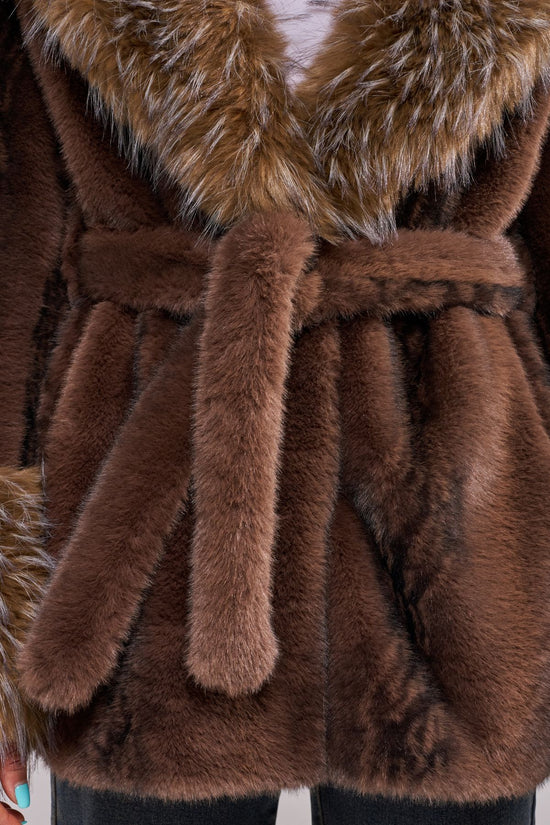 EVARA-CHOCOLATE BELTED FAUX FUR JACKET