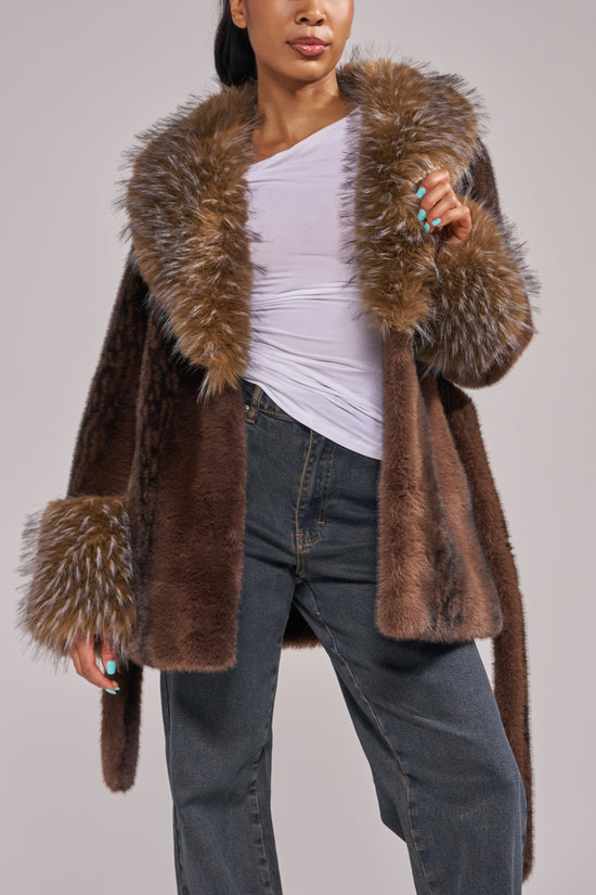EVARA-CHOCOLATE BELTED FAUX FUR JACKET