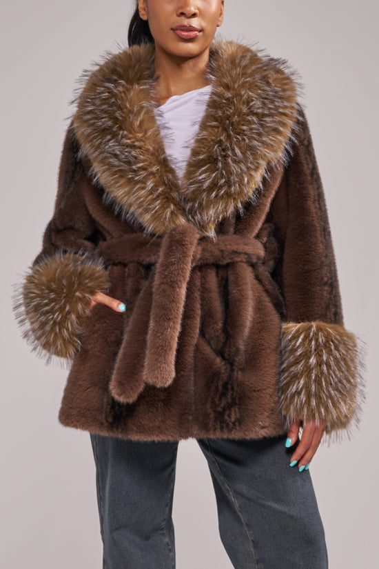 EVARA-CHOCOLATE BELTED FAUX FUR JACKET