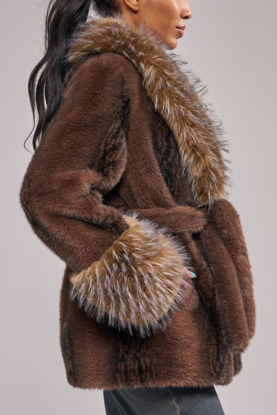 EVARA-CHOCOLATE BELTED FAUX FUR JACKET