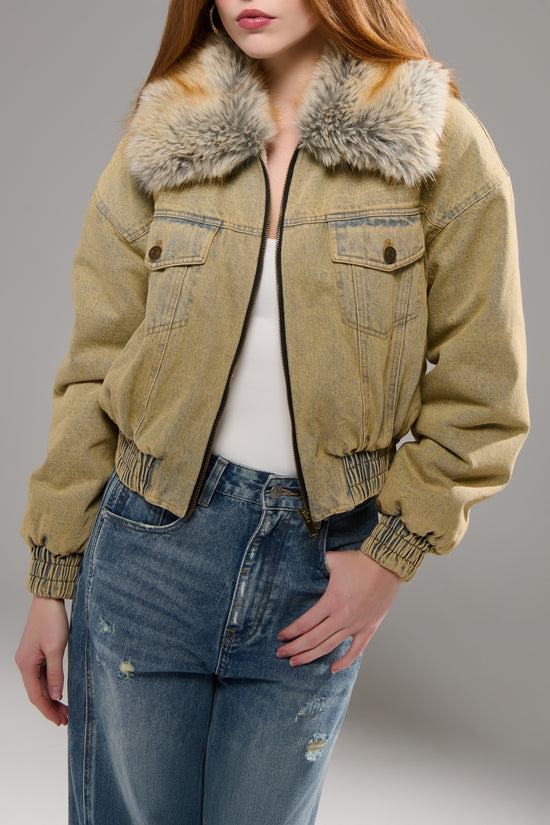 EVRA-DENIM FUR BOMBER JACKET