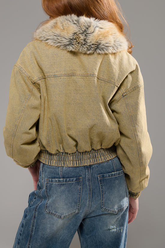EVRA-DENIM FUR BOMBER JACKET