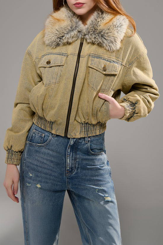 EVRA-DENIM FUR BOMBER JACKET