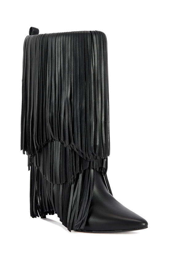 FIFER-BLACK POINTED-TOE FRINGE STILETTO BOOT