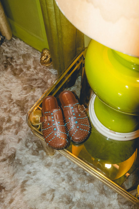 FLAIR-BROWN TURQUOISE FLAT MULE