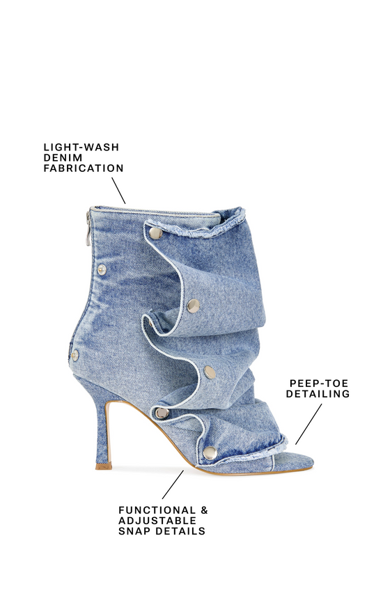 BIRDSONG-LTDENIM PEEP TOE STILETTO BOOTIE