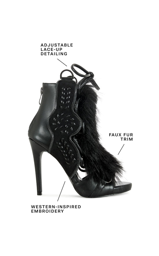 SHAINY-BLACK FAUX FUR GLADIATOR SANDAL BOOTIE