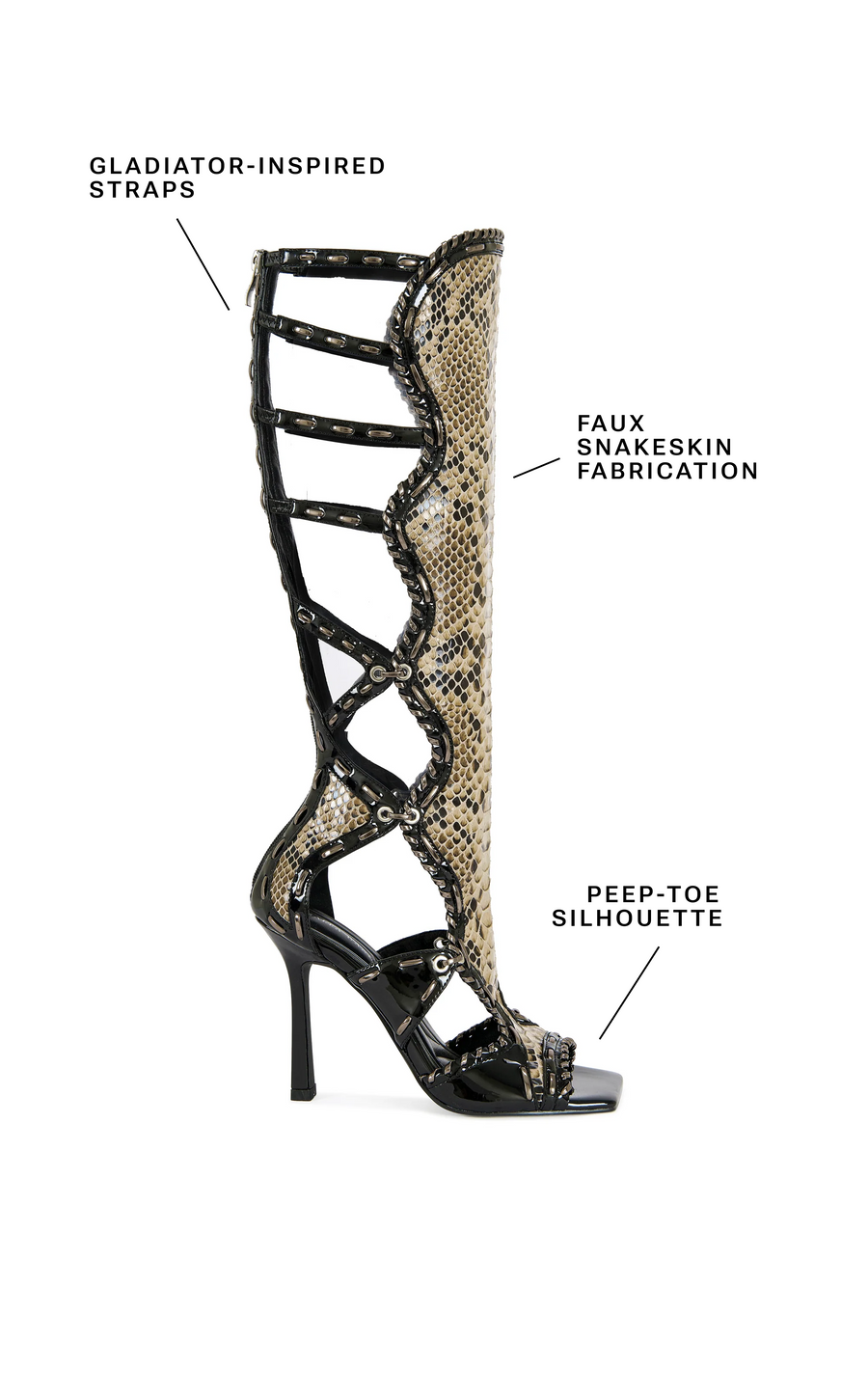 INDRANIHIGH-BLACK SNAKE GLADIATOR STILETTO SANDAL BOOT – Azalea Wang