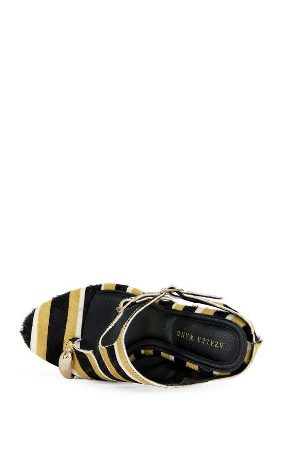 GIANNIS-MUSTARD CALF HAIR WEDGE SANDAL