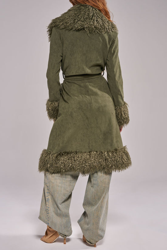 GILDA-OLIVE FAUX LONG FAUX FUR TRENCH COAT
