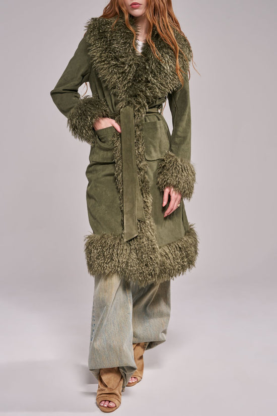 GILDA-OLIVE FAUX LONG FAUX FUR TRENCH COAT