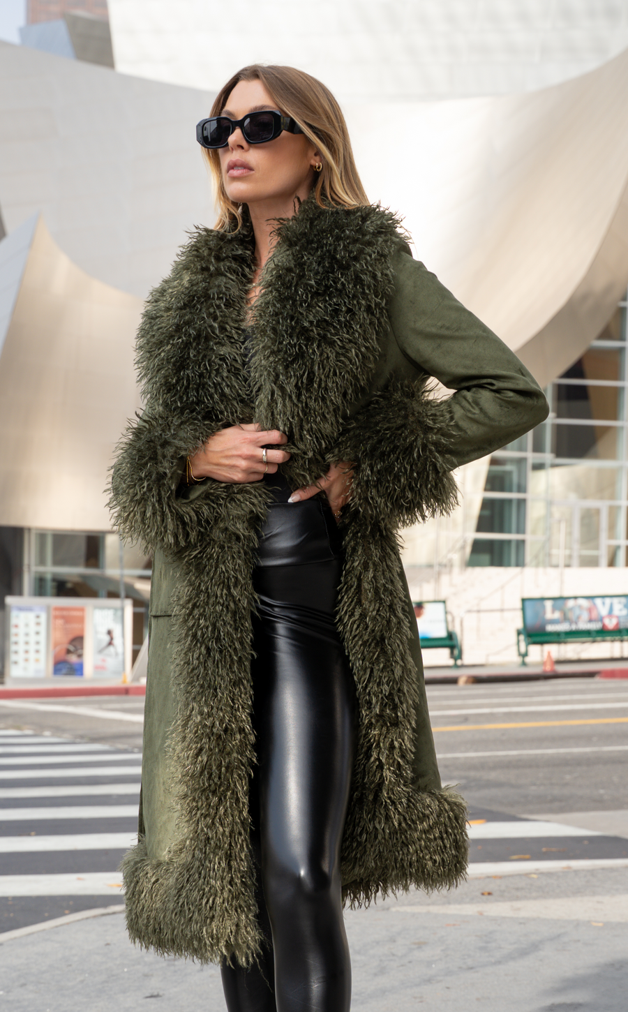 GILDA-OLIVE FAUX FUR TRENCH JACKET