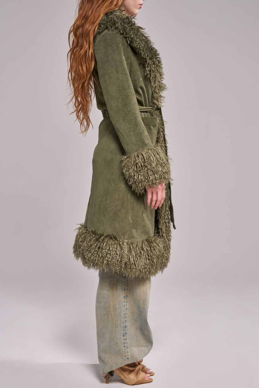 ジャケット・アウター JUHA BELTED OVER COAT green 20AW GILDA-OLIVE FAUX FUR JACKET | AZALEA WANG