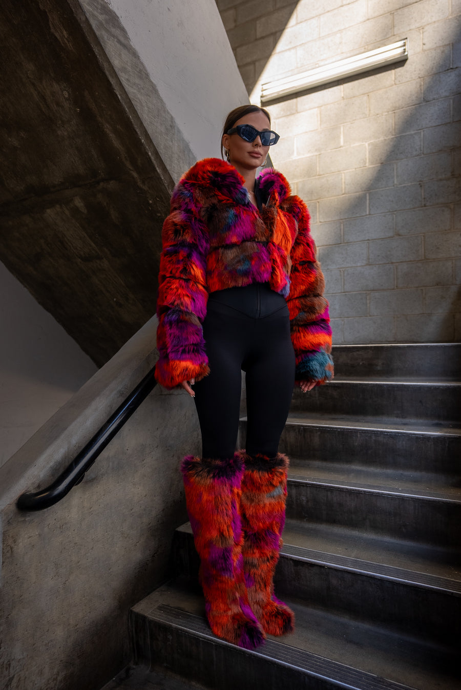 multicolored puffy faux fur statement jacket with hood