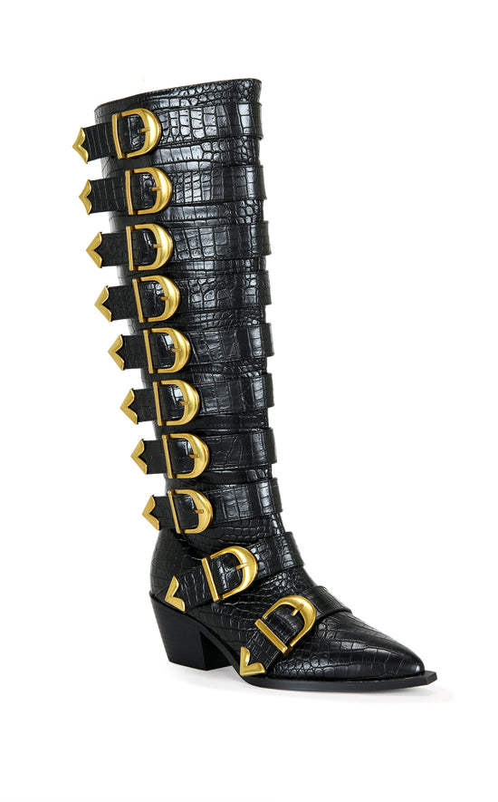 GRAZIANA-BLACK BUCKLED WESTERN BOOT
