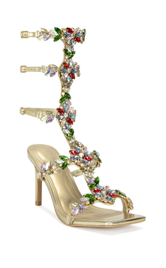CERUS-GOLDMULTI EMBELLISHED GLADIATOR STILETTO SANDAL