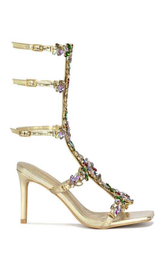 CERUS-GOLDMULTI EMBELLISHED GLADIATOR STILETTO SANDAL