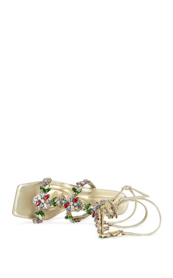 CERUS-GOLDMULTI EMBELLISHED GLADIATOR STILETTO SANDAL