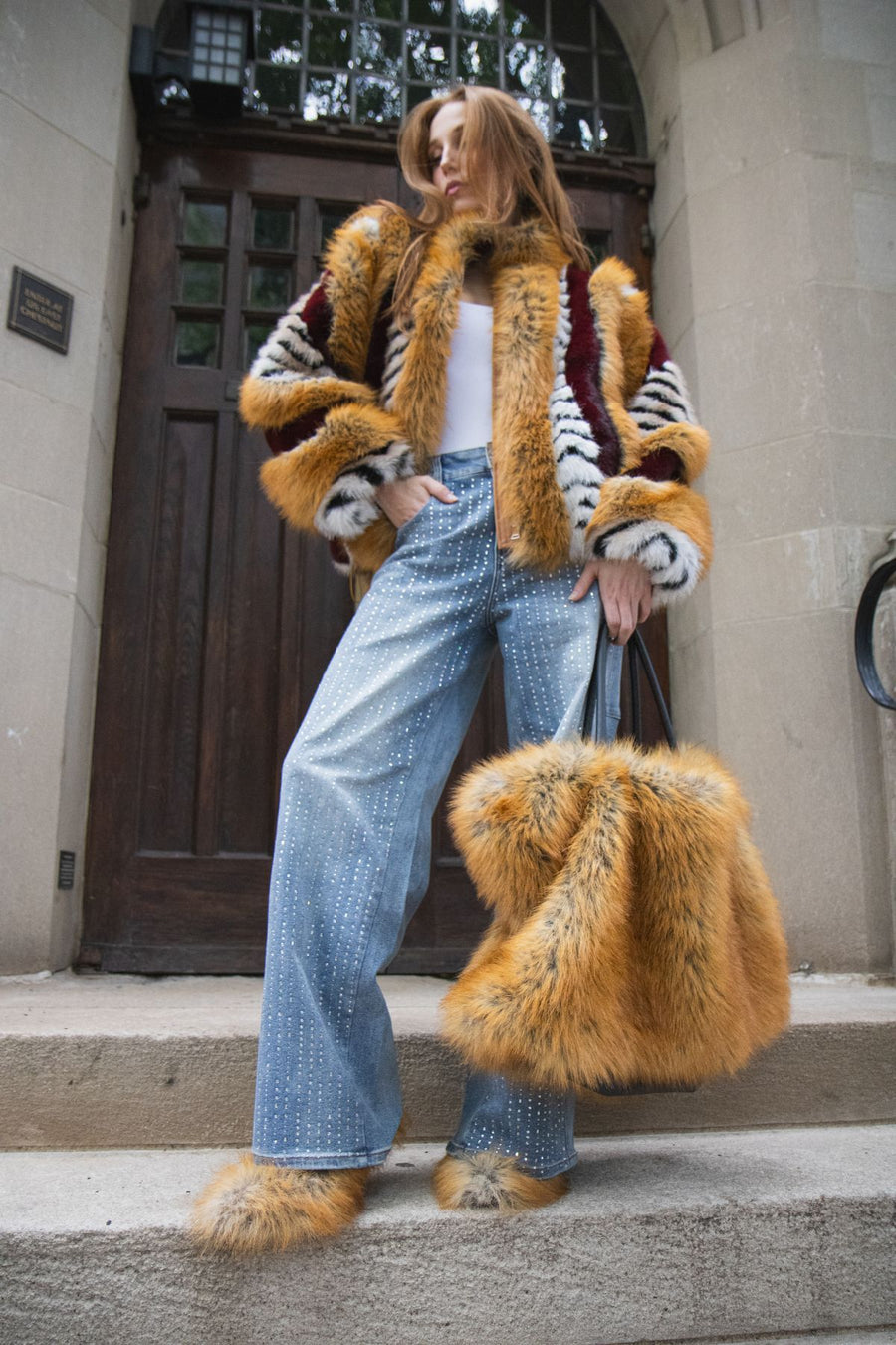 INEZ-BURGUNDY FAUX FUR JACKET