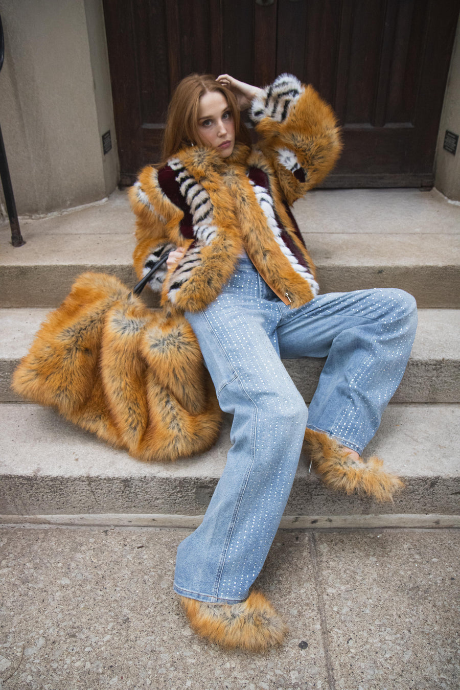 INEZ-BURGUNDY FAUX FUR JACKET