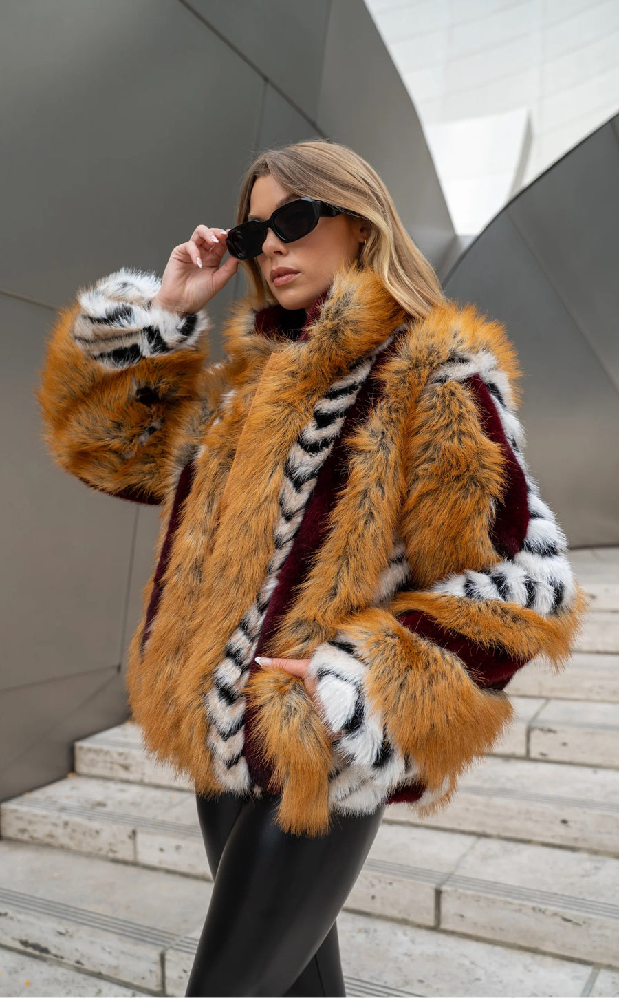 INEZ-BURGUNDY FAUX FUR JACKET