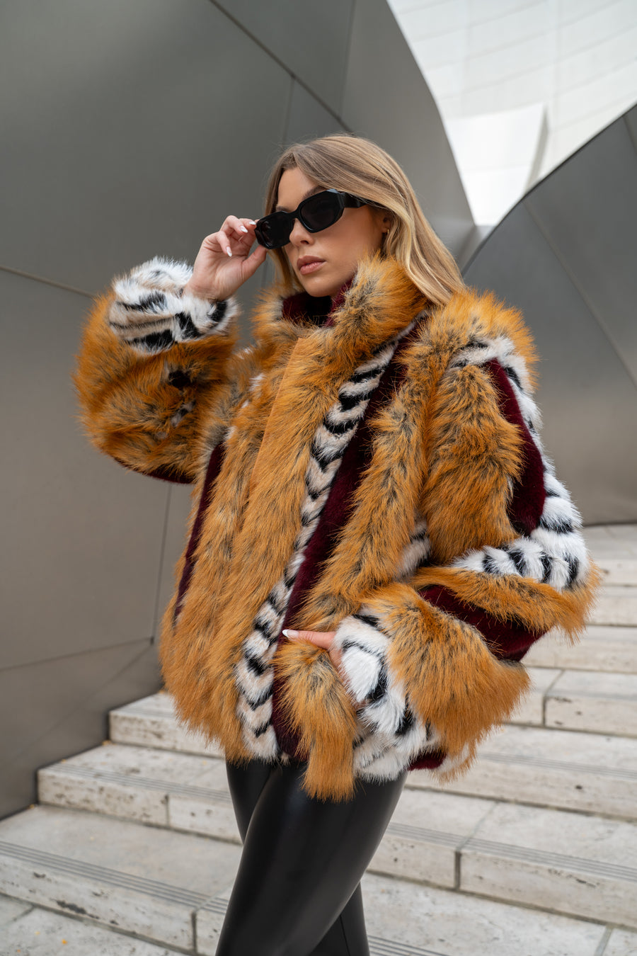 INEZ-BURGUNDY FAUX FUR JACKET