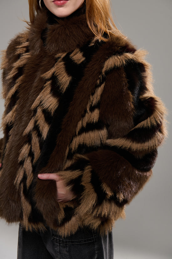 INEZ-CHOCOLATE FAUX FUR JACKET