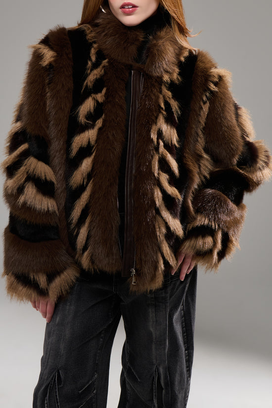 INEZ-CHOCOLATE FAUX FUR JACKET
