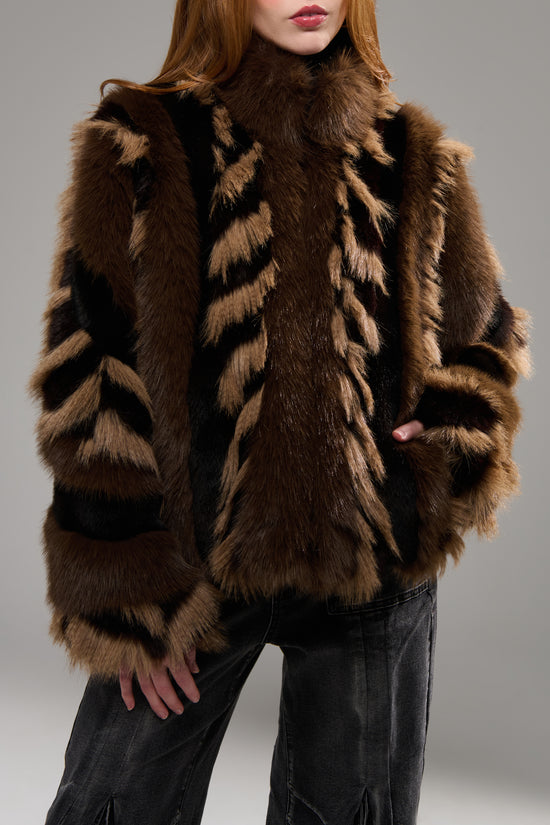 INEZ-CHOCOLATE FAUX FUR JACKET