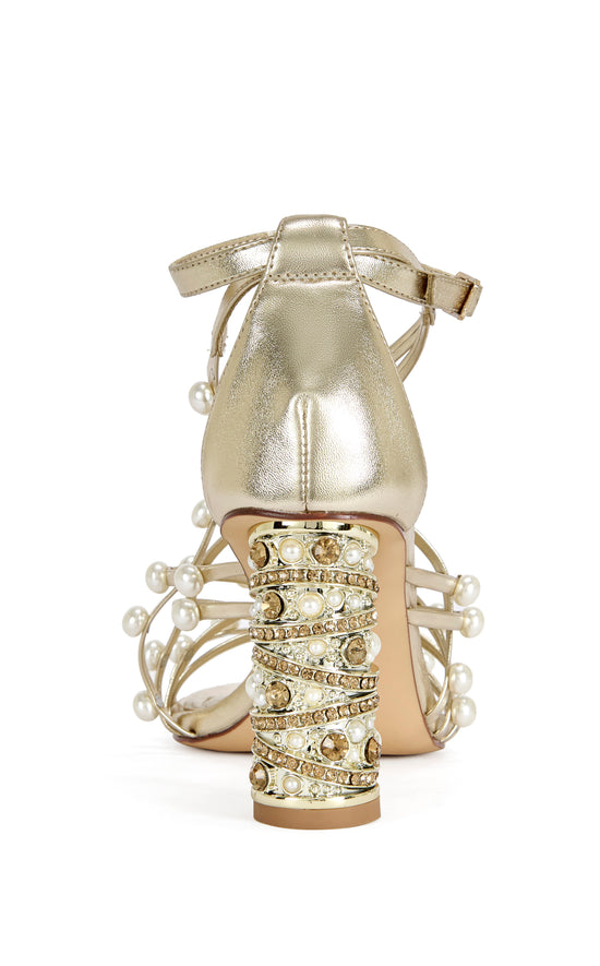 JADINE-GOLD STRAPPY PEARL SANDAL HEEL