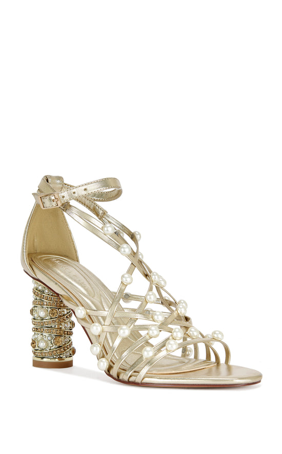 JADINE-GOLD STRAPPY PEARL SANDAL HEEL