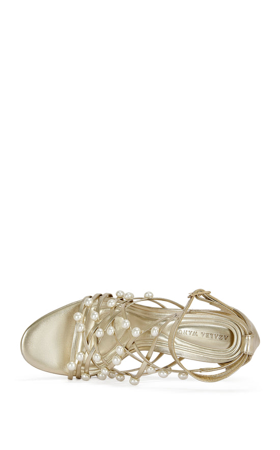 JADINE-GOLD STRAPPY PEARL SANDAL HEEL