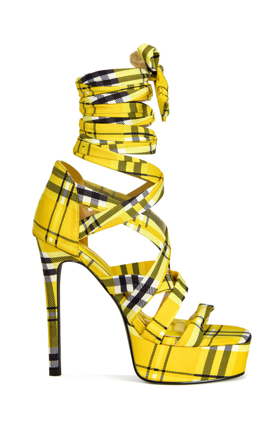 JEMISHA-YELLOWPLAID WRAP-AROUND STILETTO PLATFORM SANDAL