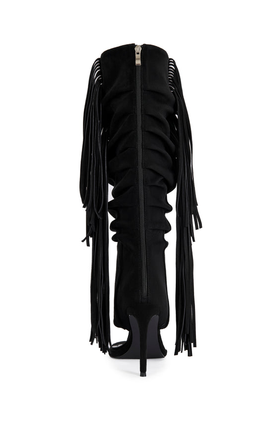 JOHANNA-BLACK FRINGE STILETTO SANDAL BOOT