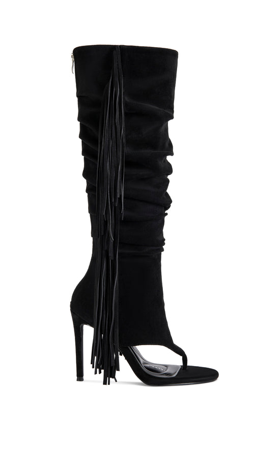 JOHANNA-BLACK FRINGE STILETTO SANDAL BOOT