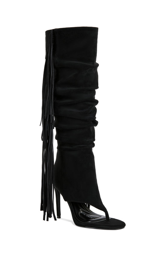 JOHANNA-BLACK FRINGE STILETTO SANDAL BOOT