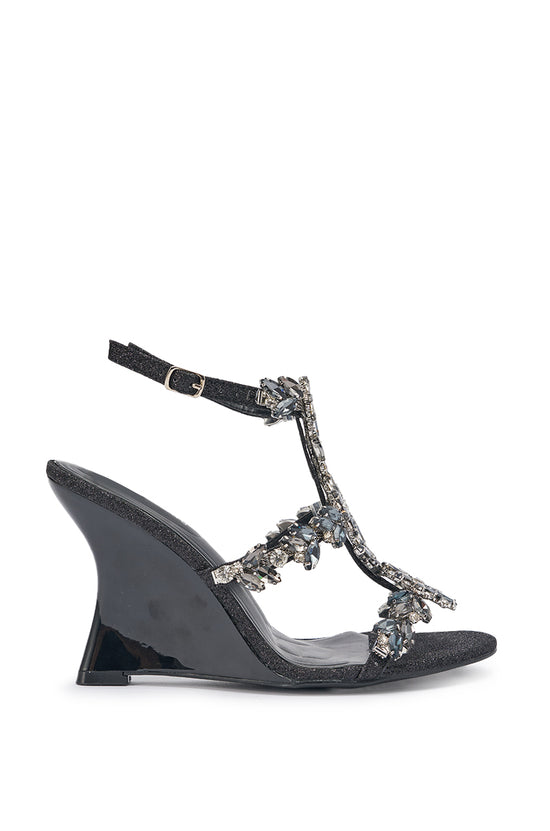PORCELINE-BLACK EMBELLISHED WEDGE SANDAL