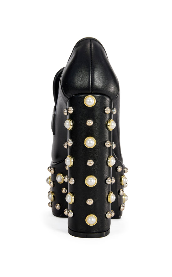 JUSTIFIED-BLACK EMBELLISHED PLATFORM BLOCK HEELED PUMP