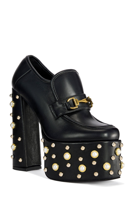 JUSTIFIED-BLACK EMBELLISHED PLATFORM BLOCK HEELED PUMP