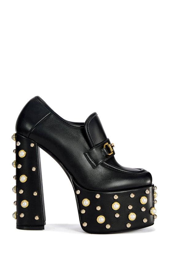 JUSTIFIED-BLACK EMBELLISHED PLATFORM BLOCK HEELED PUMP