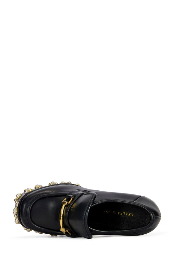 JUSTIFIED-BLACK EMBELLISHED PLATFORM BLOCK HEELED PUMP