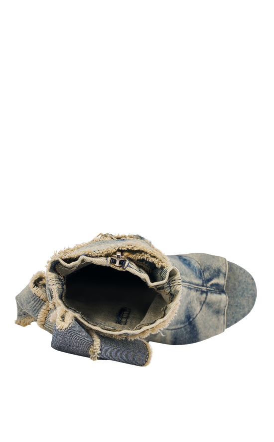 KARTER-DENIM WRAP-AROUND PEEP TOE BOOTIE