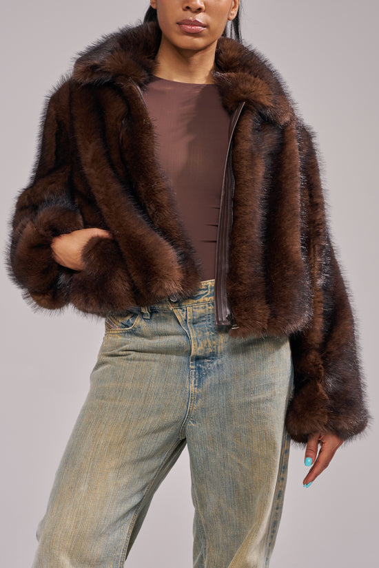 KESSIA-CHOCOLATE FAUX FUR JACKET