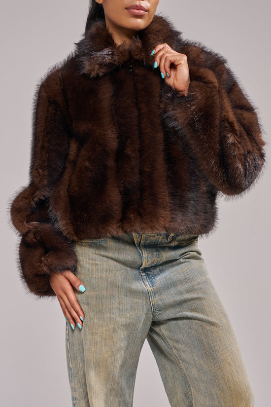 KESSIA-CHOCOLATE FAUX FUR JACKET