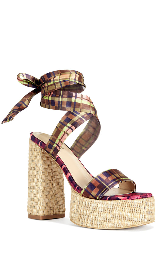 LAZULI-PLAID WRAP-AROUND PLATFORM SANDAL