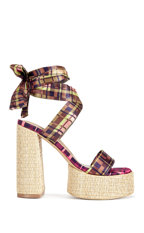 LAZULI-PLAID WRAP-AROUND PLATFORM SANDAL