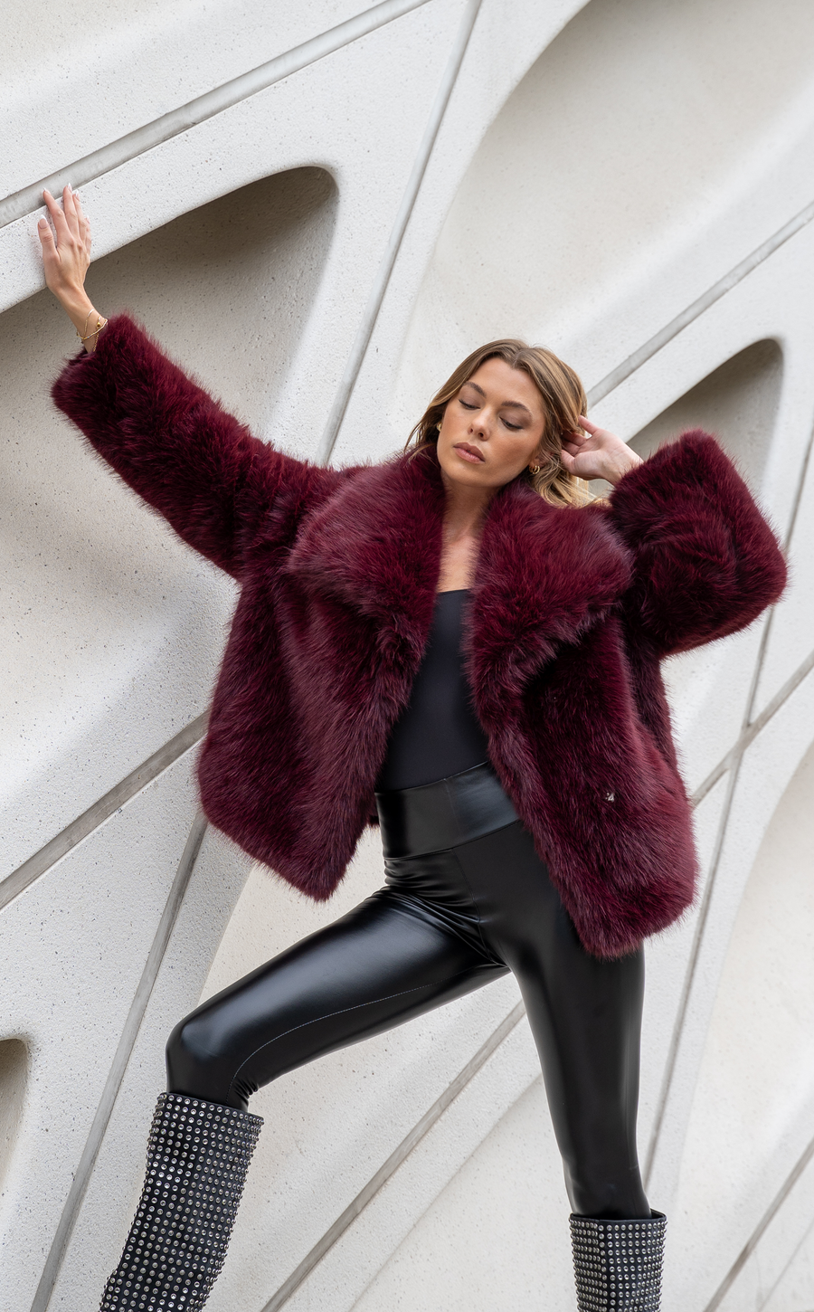 REGINA-BURGUNDY FAUX FUR JACKET