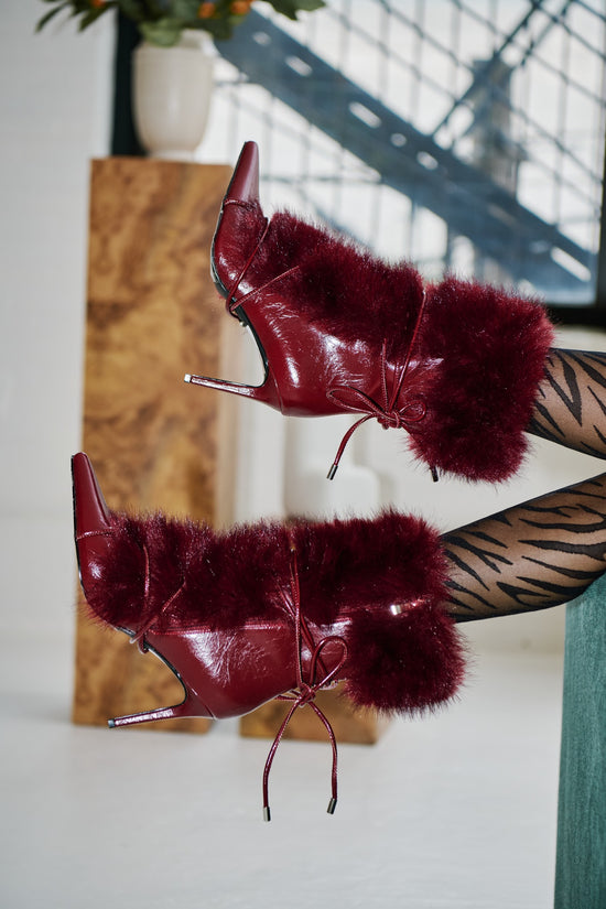 MAHTAMA-BURGUNDY FAUX FUR STILETTO BOOTIE