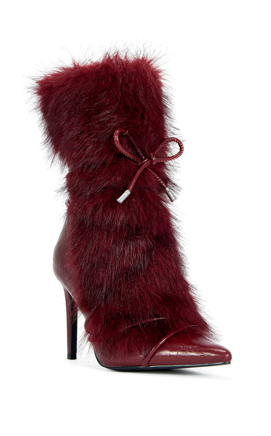 MAHTAMA-BURGUNDY FAUX FUR STILETTO BOOTIE